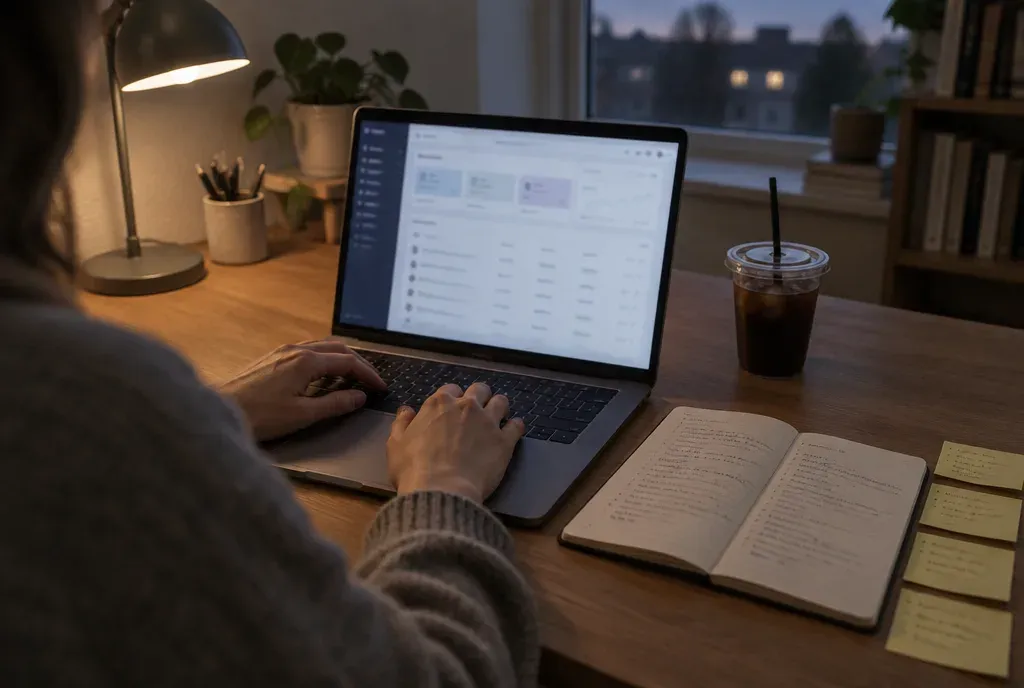 Hands typing on a laptop showing an app dashboard at dusk, an open notebook and a row of sticky notes on the desk beside it