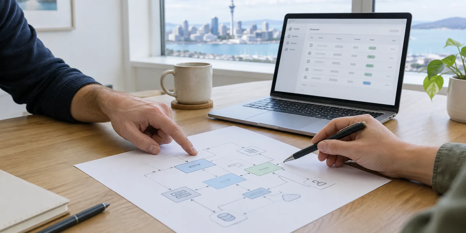 Two engineers pointing at a printed architecture diagram beside a laptop showing an admin screen