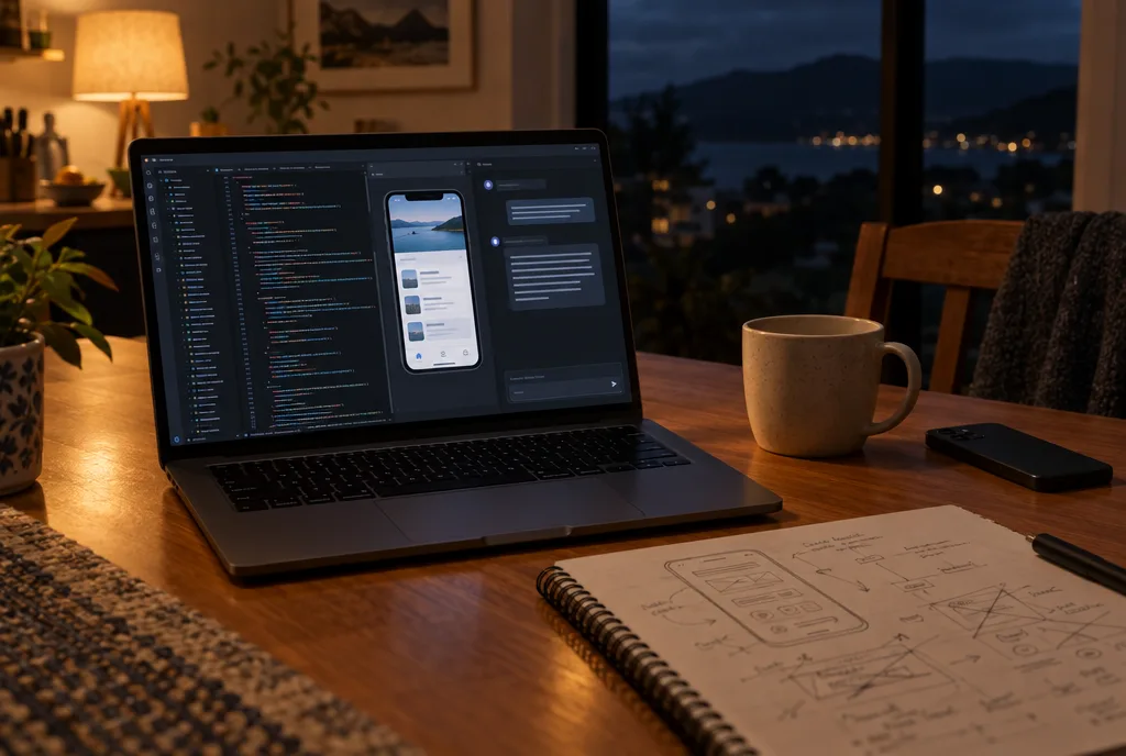 A laptop at a kitchen table at night showing code, an AI chat panel and a half-built app preview