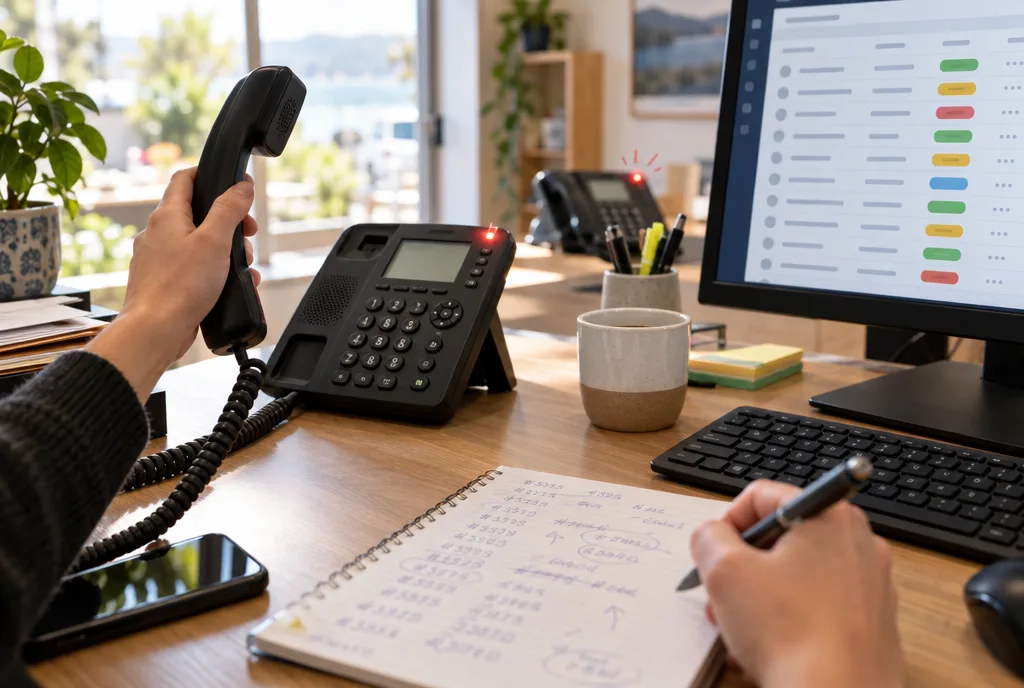 A front-desk phone lifted mid-call while a hand notes order numbers beside a job status screen