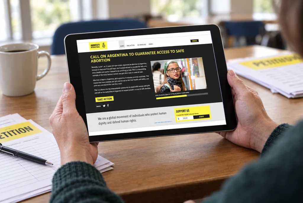 Hands holding a tablet showing an Amnesty International NZ campaign action page with its petition counter