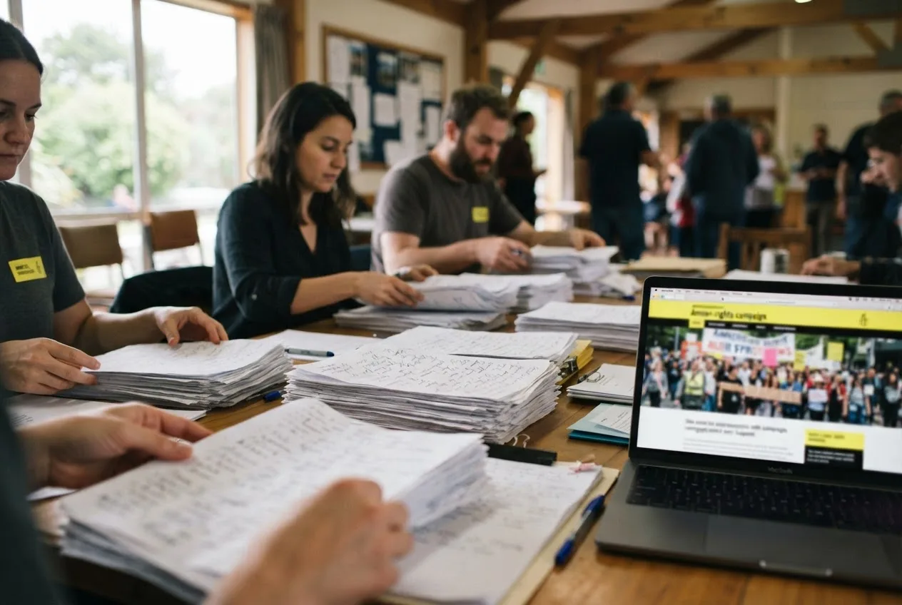 Volunteers at a community-hall table sorting stacks of signed petition sheets beside a laptop showing a campaign page