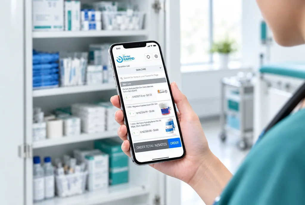 A hand holding a phone showing the Rappid reordering app beside a storeroom shelf