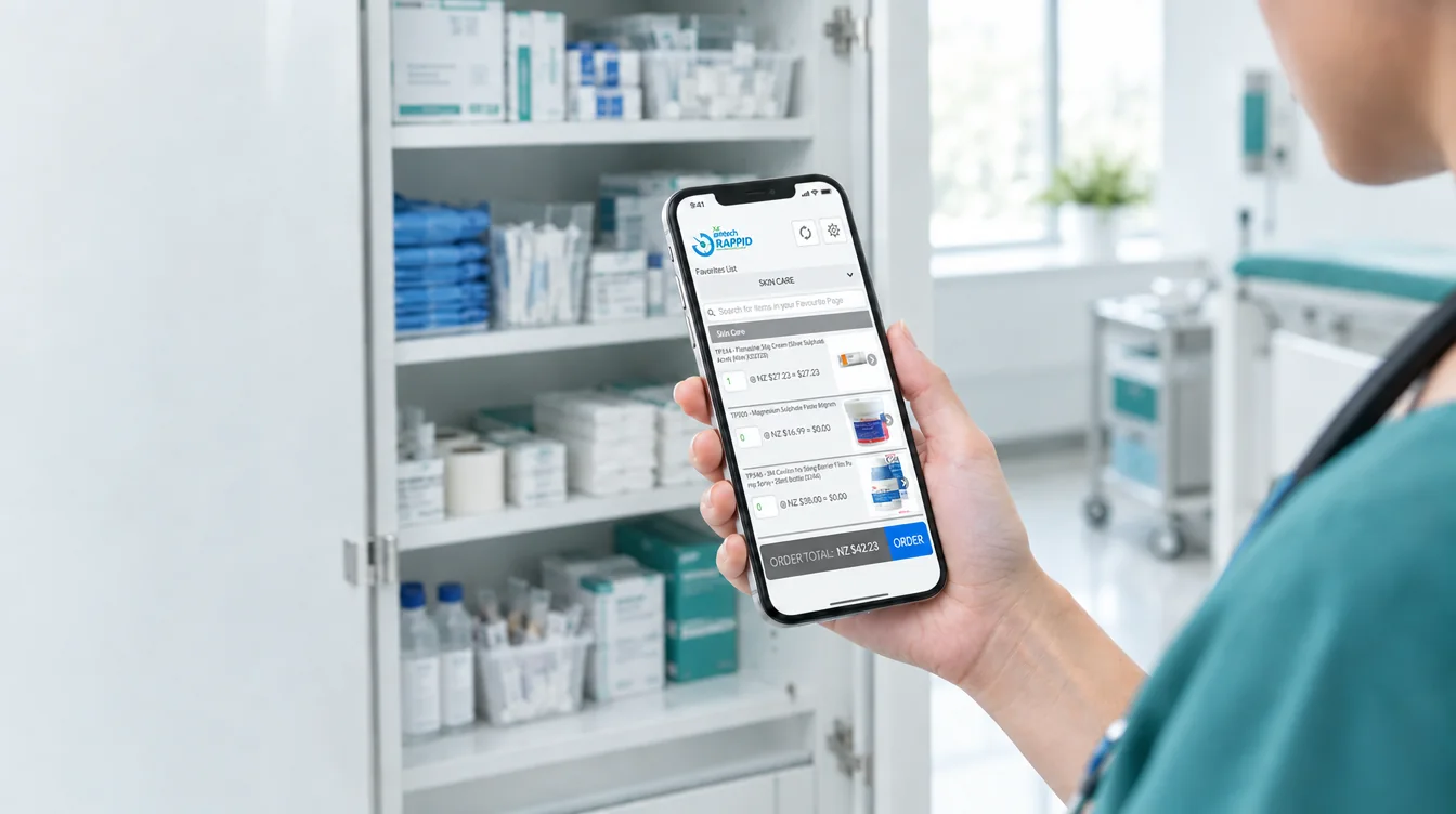 Nurse holding a phone running Rappid, the Amtech Medical re-ordering app, in front of a clinic supply cabinet