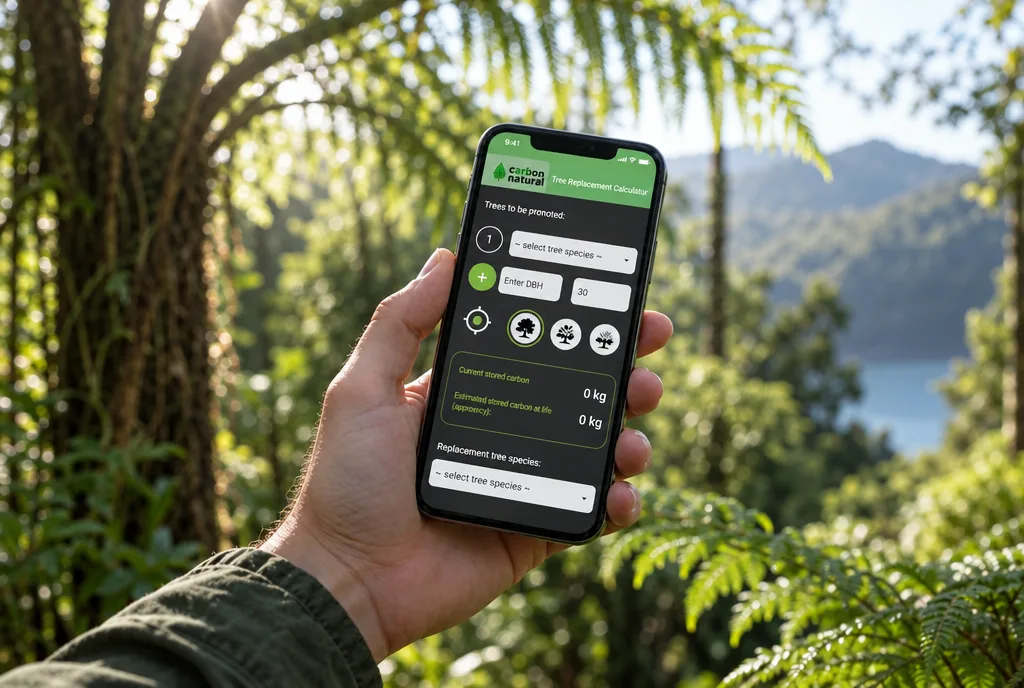 Close-up of the Carbon Natural calculator app on a phone held among ferns and tree trunks