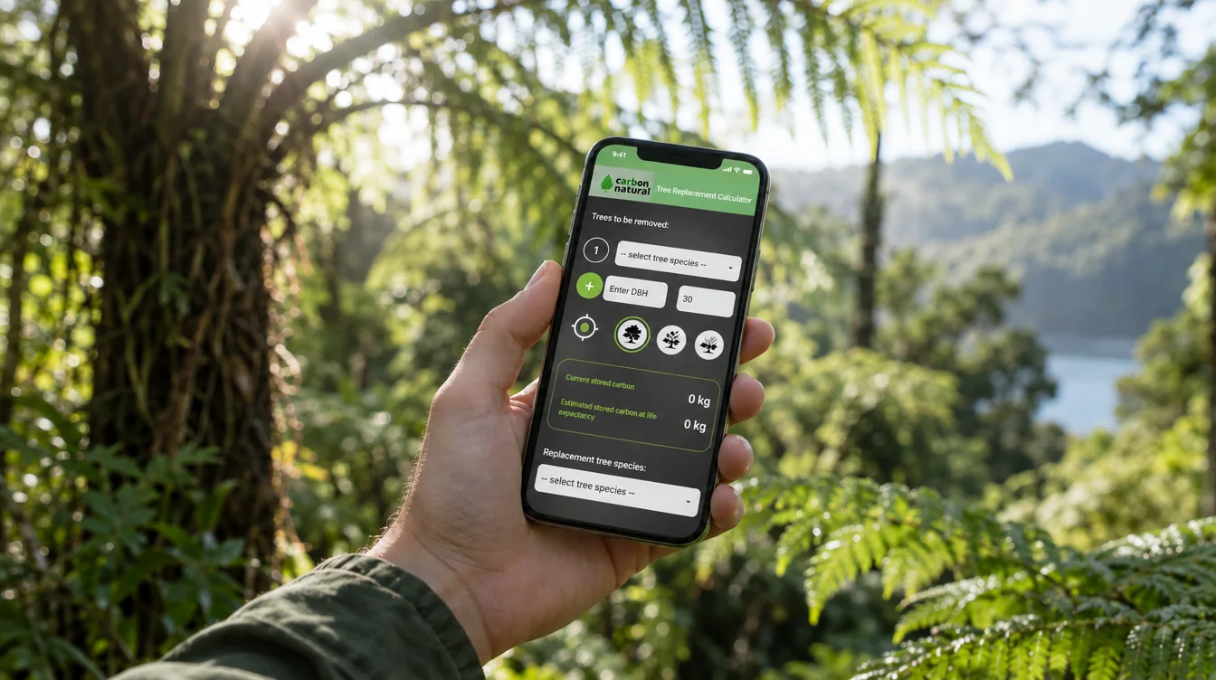 Hand holding a phone in native New Zealand forest with the Carbon Natural tree replacement calculator app open