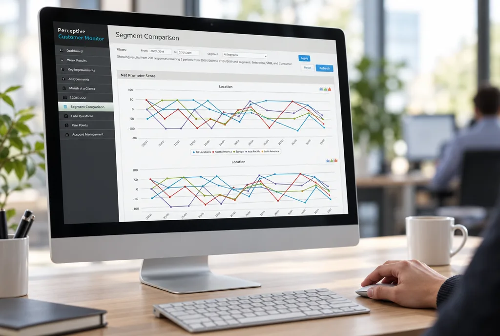 The Customer Monitor segment-comparison dashboard with net promoter score line charts on a desktop monitor