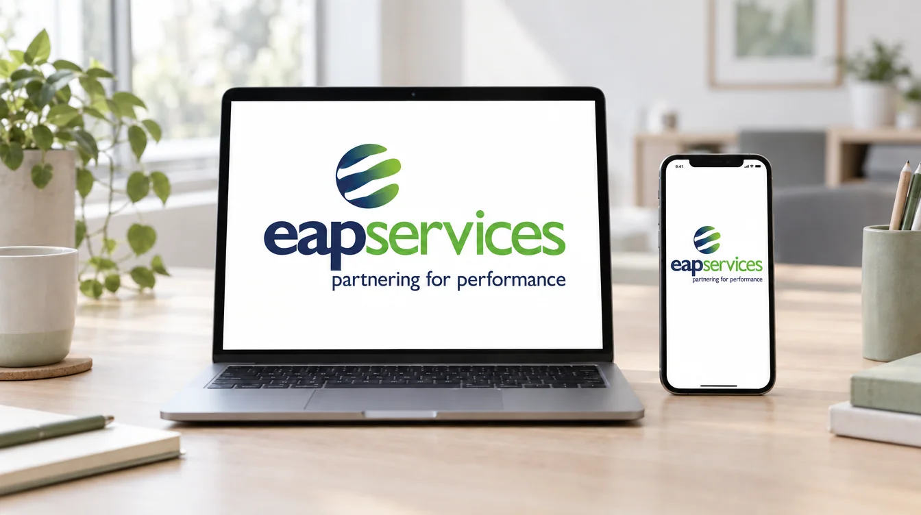EAP Services, whose employee assistance digital products Applicable builds and maintains, shown on a laptop and a phone in a light office. Laptop and phone on a desk both showing the EAP Services brand screen