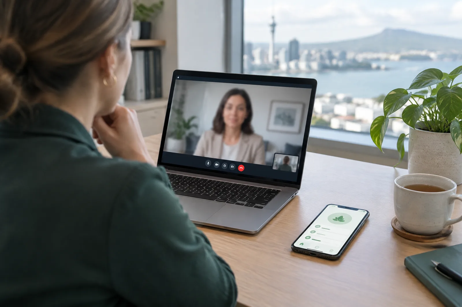 A human-resources manager on a laptop video call in a quiet office, a phone with a wellbeing app beside the laptop