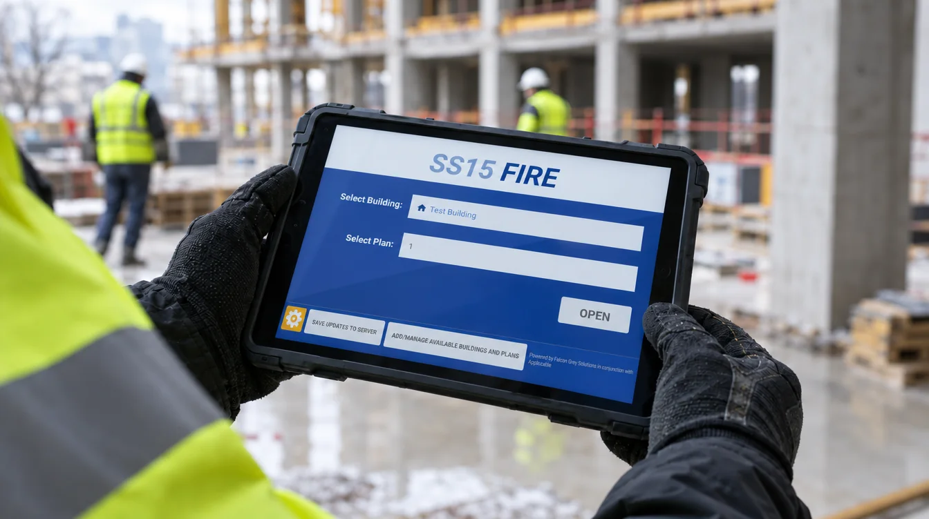 Gloved hands holding a rugged tablet running the Fire Report passive fire compliance app on a construction site