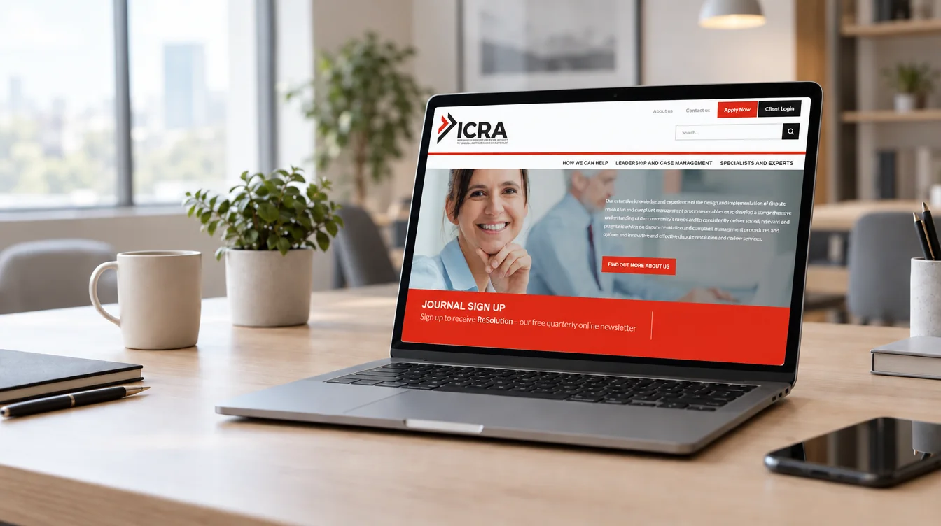 The ICRA website and custom dispute resolution platform Applicable built and supports, open on a laptop in a quiet office. Laptop in an office showing the ICRA dispute resolution website home page