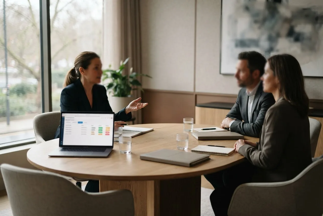 A mediator and two parties at a round table, with a case-management dashboard open on the mediator's laptop