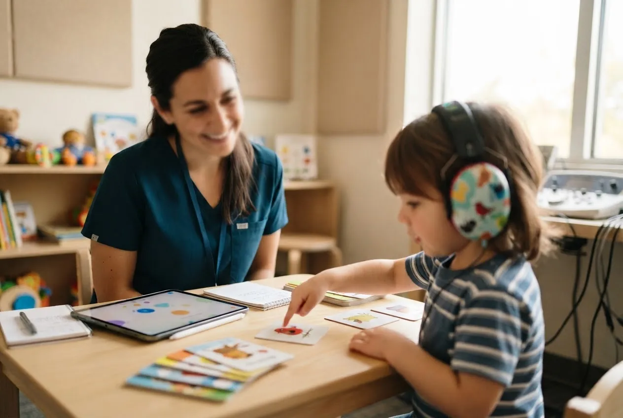 An audiologist and a young child in headphones doing a listening exercise with picture cards in a bright clinic