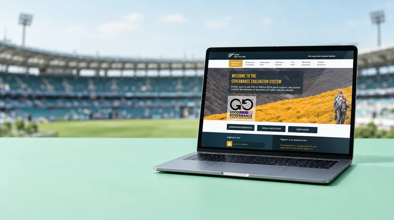 Laptop on a green surface in front of a stadium showing the Sport New Zealand Governance Evaluation System