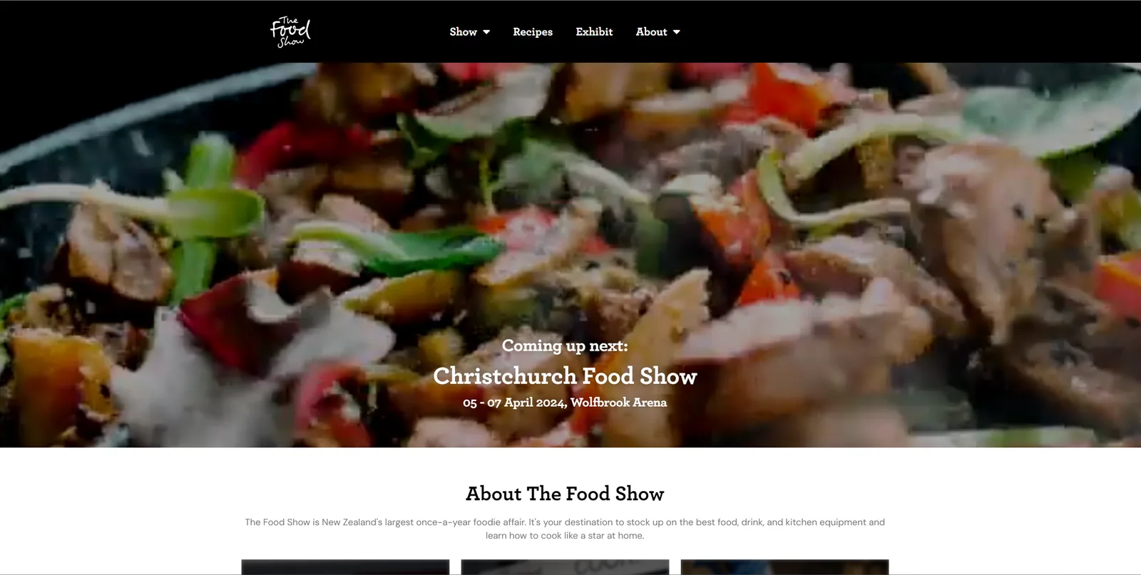 The Food Show website home page announcing the Christchurch Food Show over a cooking video